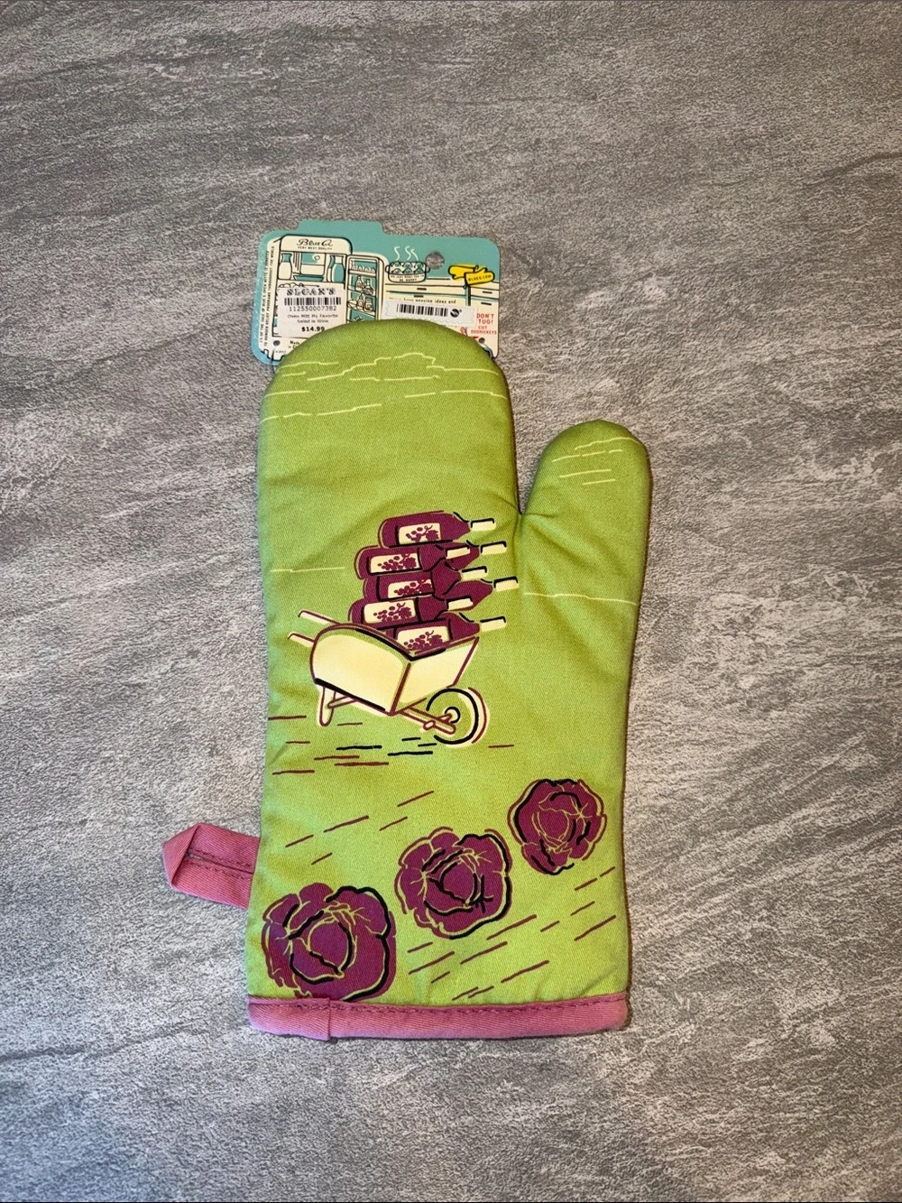 Blue Q Lime Green Oven Mitt with Pink Trim - 'My Favorite Salad Is Wine'